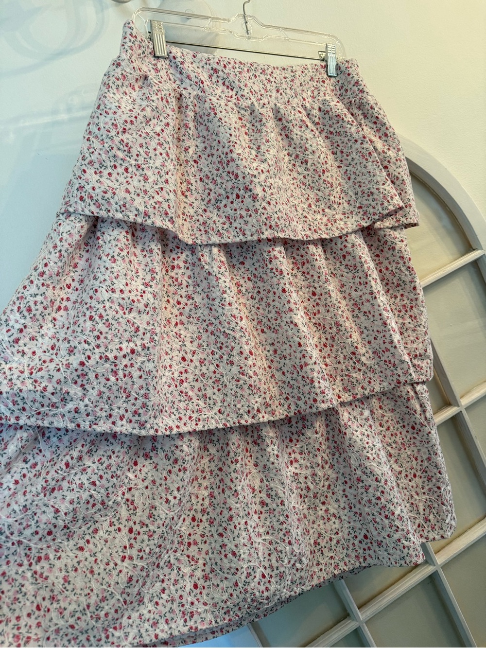 Lulus Cottagecore Boho Tiered pink & white Floral Cotton Maxi Skirt Size XL-